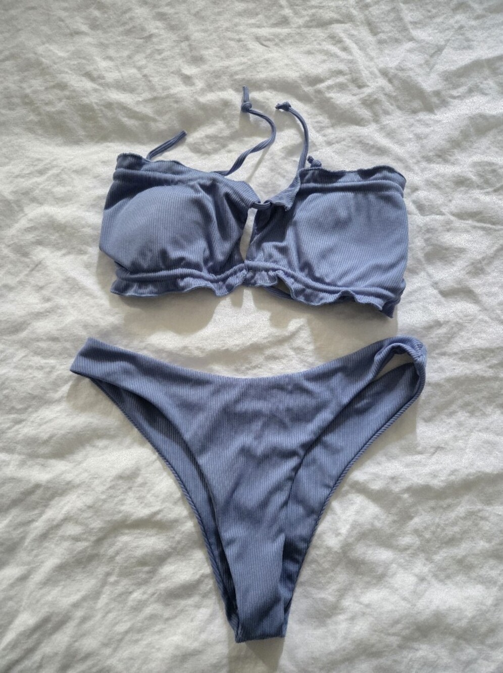 Ribbed Bandeau Bikini Set in Dusty Blue - Women Swim